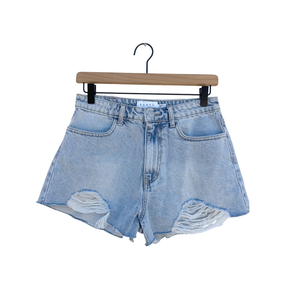Rusty‎ Denim Mom Shorts Light Wash Distressed Ripped High Waist, Sz S